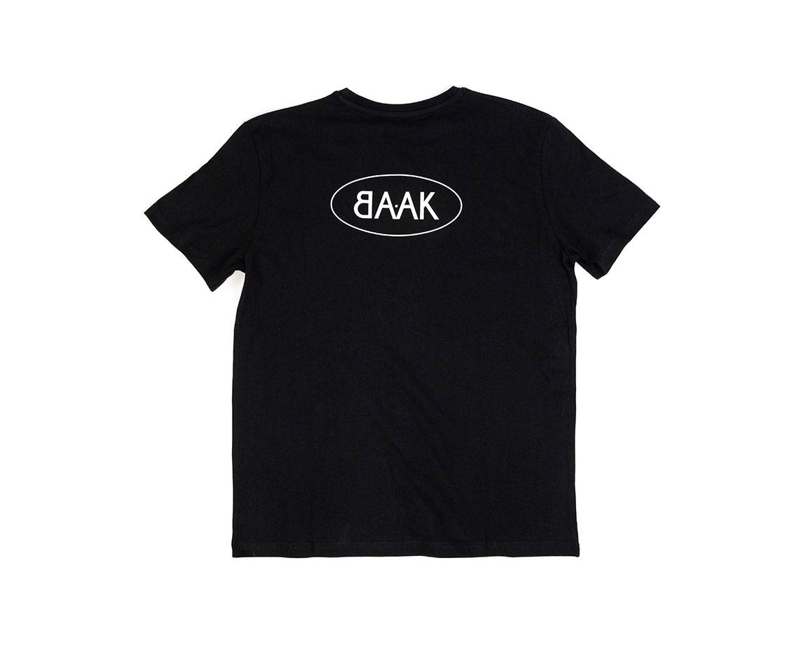 Black T-Shirt - Short sleeves - Heart pocket on front - Screen-printed white BAAK logo on back Black T-Shirt - Short sleeves - Heart pocket on front - Screen-printed white BAAK logo on back