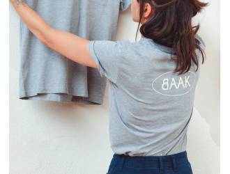 Grey T-Shirt - Short sleeves - Heart pocket on front - Screen-printed cream BAAK logo on back