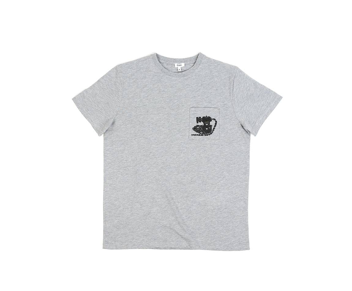 T-Shirt Gris - Manches courtes - Poche coeur à l'avant - Sérigraphie motif moteur sur la poche