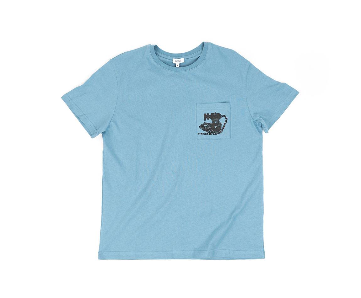 T-Shirt Bleu - Manches courtes - Poche coeur à l'avant - Sérigraphie motif moteur sur la poche