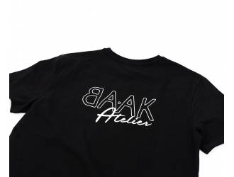 Black T-Shirt - Short sleeves - Heart pocket on front - White "BAAK Atelier" silk-screen print on back