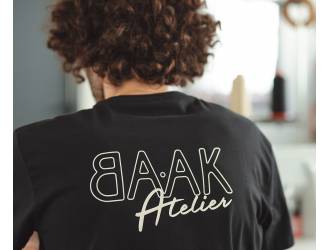 Black T-Shirt - Short sleeves - Heart pocket on front - White "BAAK Atelier" silk-screen print on back