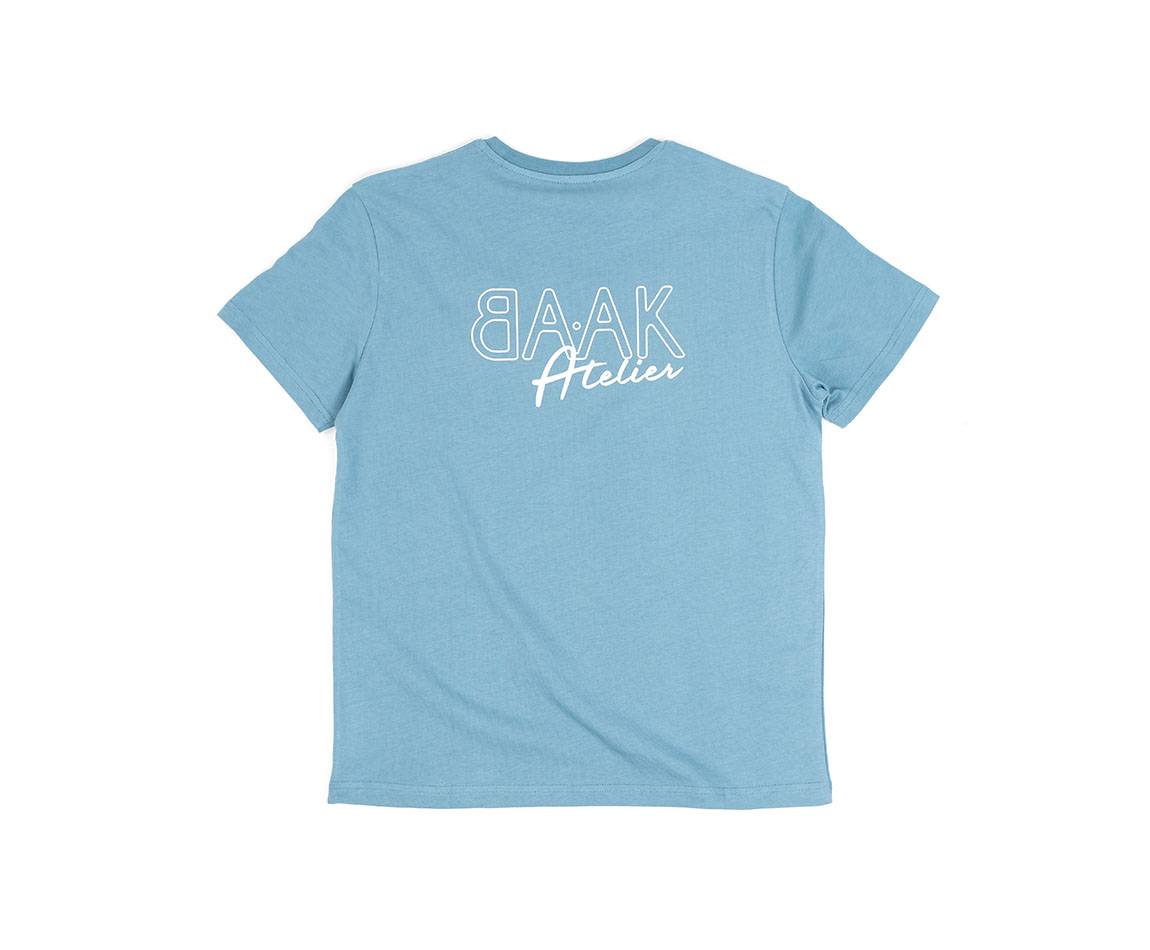 Blue T-Shirt - Short sleeves - Heart pocket on front - White "BAAK Atelier" silk-screen print on back