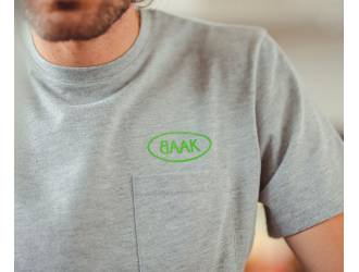 Grey T-Shirt - Short sleeves - Heart pocket on front - Fluorescent green BAAK logo screen printed above pocket